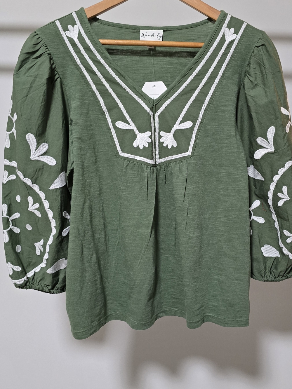 Wonderly Olive Green Embroidered V-Neck Tunic